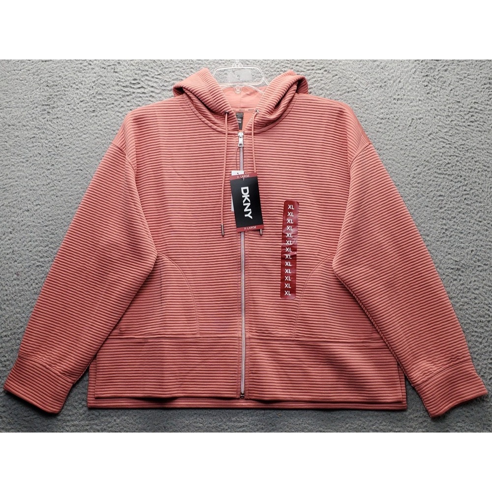DKNY Hooded Jacket Womens XL Pink Ribbed Ottoman Tech Pockets Full Zip‎ DPMJ9667